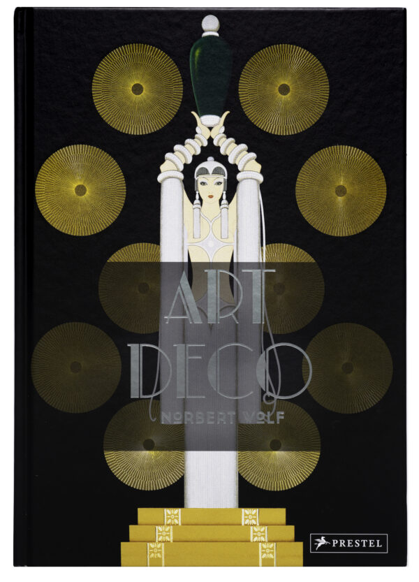 Cover of the book Art Deco by Norbert Wolf. Gold circular/spiral patterns on a black background around an image of a woman in white, arms abover her head holding a dark jar with a emereld green rim. She is standing on a gold platform of three steps.