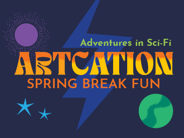 Logo with outerspace theme of circles of various colors and a lightening bolt with this tex superimposedt Adventures in SciFi, Artcation, Spring Break Fun