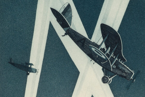 Bi-plane in a downward flight against a blue background with white strips or searchlights crisscrossing