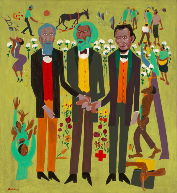 Figures of three men, Frederick Douglass, John Brown and Abraham Lincoln, in front of a light green background with icons of a man plowing with a mule, people working and cotton plants around them