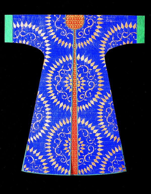 Photo of a kaftan made from paper to look like real fabric. Brilliant sapphire blue with circular patten in gold.