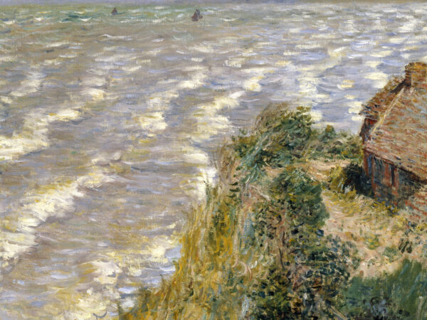 Impressionist painting of a house on a bluff over a white body of water