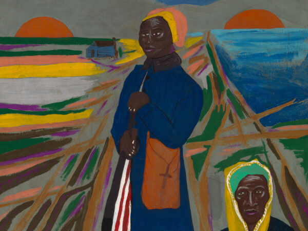 African American woman, head wrapped in a yellow and orange, dressed is a blue coat and red and white striped long skirt, stands against an abstract landscape of lines of browns, grays, yellow, geen and purple. The gray sky has a blue slash with a yellow star at her bck. At the side ins a head and shoulders of an African American Woman with a green head wraop and longer yellow wrap around her head and down to her shoulders.