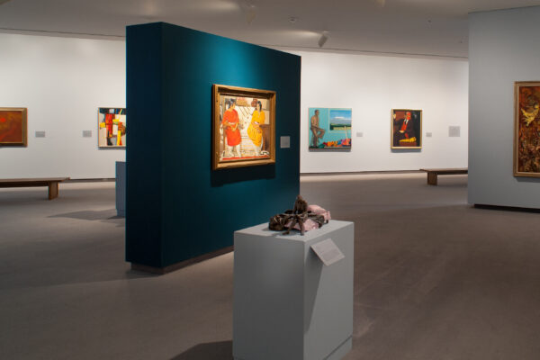 Photo of the museum's galleries showcasing the permanent collection, including six paintings and one multi-media sculpture
