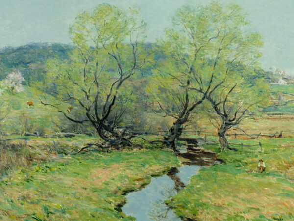 Impressionist landscape painting of a blue stream curving from lower right to the center of the image, where three willow trees are leafing out. Rolling hills, covered in trees, are the background