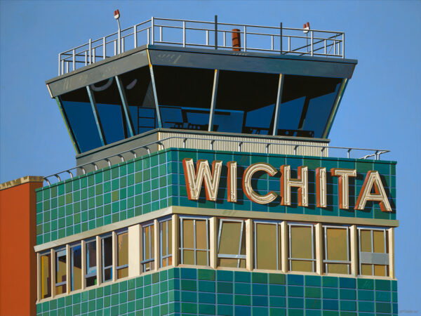 Painting of the Wichita, Kansasa Air Traffic Control Tower. Glass enclosed tower over a blue surface with the word WICHITA