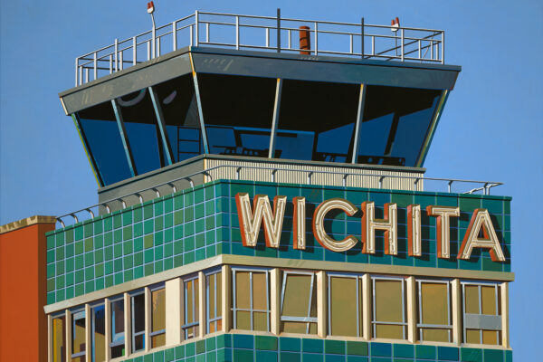 Painting of the Wichita, Kansasa Air Traffic Control Tower. Glass enclosed tower over a blue surface with the word WICHITA