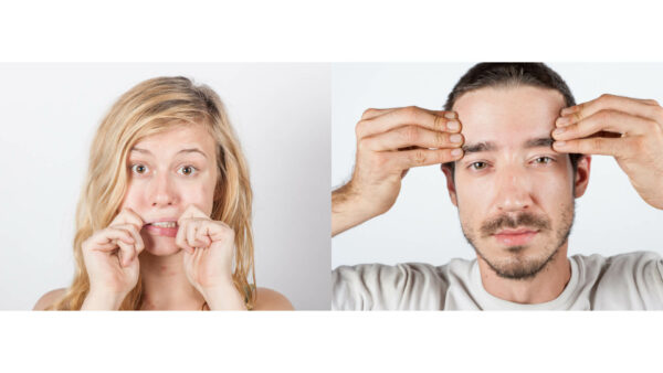 Headshots of two people making faces. ON the left is a woman with blonde hair, her hands in front of her mouth. On the right, a man with dark hair, dark mustache and close trimmed beard has his fingertips at his temples.