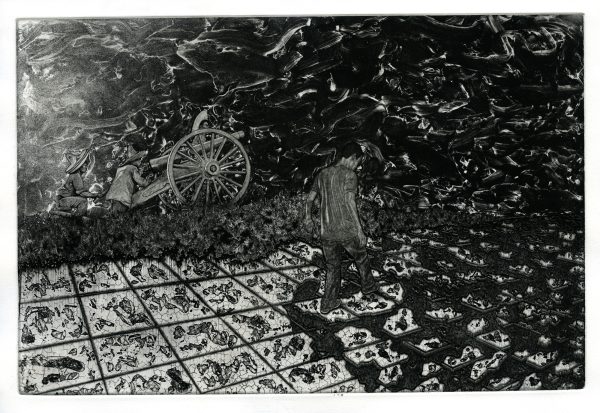 Black and white print with the figure on a man walking on fragmented tiles in front on two men behind a cannon