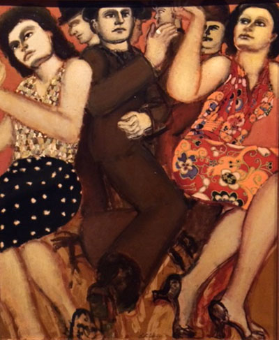 Painting of women dancing. From left, woman turned slightly to the left in a black polka dot skirt and a print blouse, center, center is a man dressed in dark clothing, right is a woman dancing, arms raised up, dressed ina pink floral dress