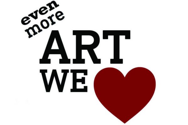 Graphic with block text even more (at a 45 degree angle) Art We (image of a heart
