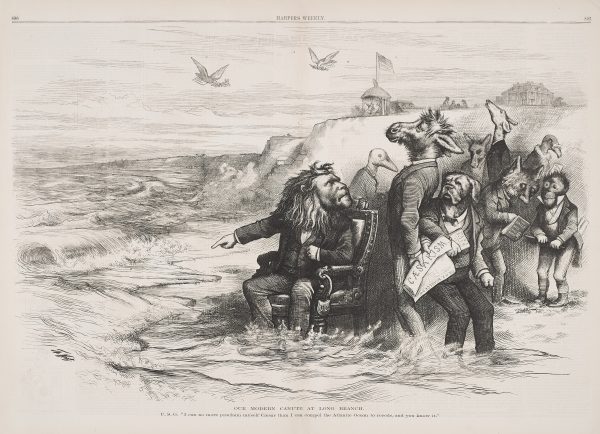 Black and white cartoon with caricatures of a Lion, donkey, bulldog and others sitting and standing in a body of water with waves.