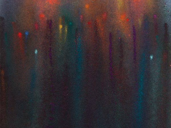 Abstract painting of a dark background with streaks and splotches of orange, blue, aqua, green.
