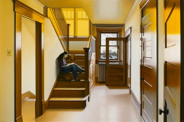 Painting of a woman sitting on a stairway in a hallway with a door to the outside on the right, in yellow, sun-washed tones.