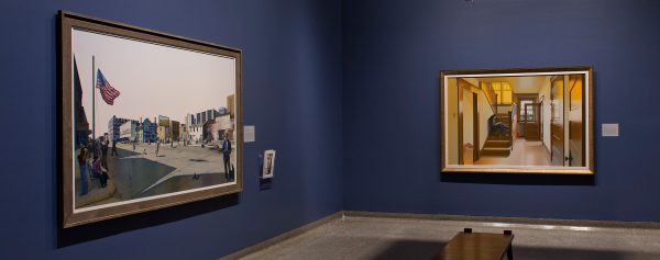 Gallery image with two large-scale paintings on a blue wall