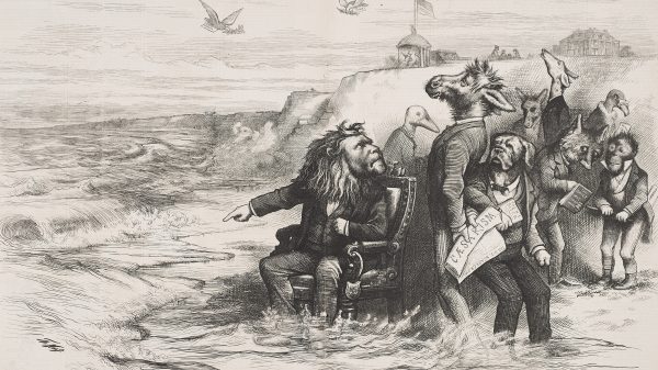 Black and white cartoon with caricatures of a Lion, donkey, bulldog and others sitting and standing in a body of water with waves.