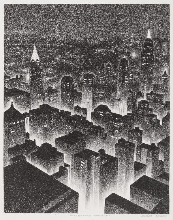 Black and white print of a cityscape