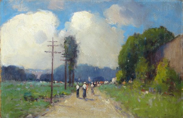 Panoramic landscape with a path down the center and three people walking away from the view on the path. An electric pole is on the right side, trees of the left side. Billowing white clouds with bits of blue sky.