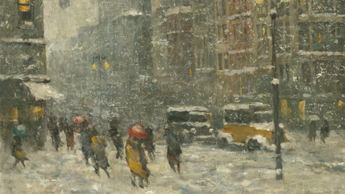 Painting of a ttreet scene with flags on the building at left. The street has figures and cars in a heavy snowstorm.