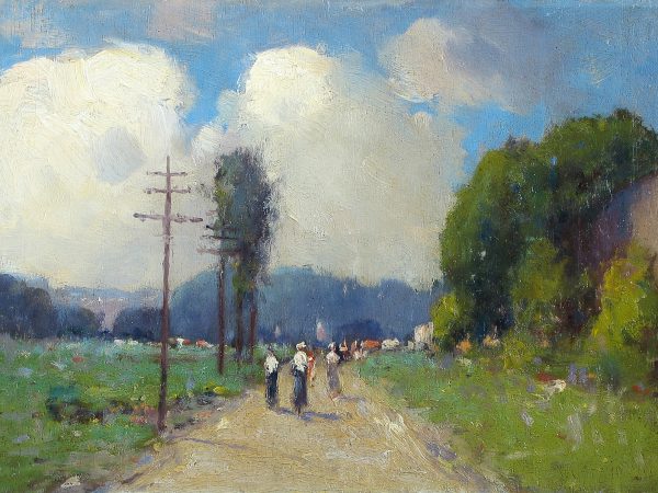 Panoramic landscape with a path down the center and three people walking away from the view on the path. An electric pole is on the right side, trees of the left side. Billowing white clouds with bits of blue sky.