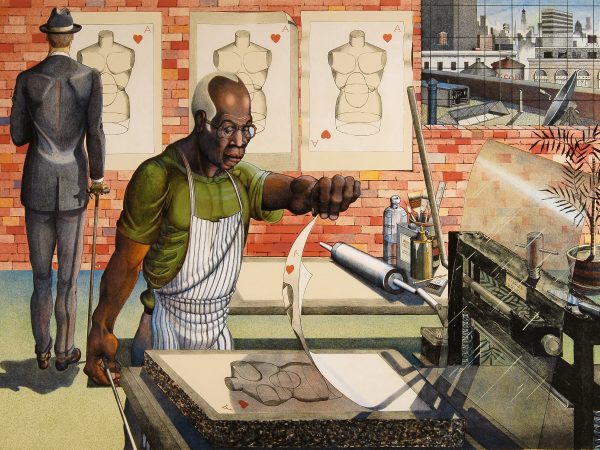 African American man in foreground pulls a print from a printing press. In the background, on the left, another man, dressed in a suit and standing with a walking stick, with his back to the viewer, looks at prints displayed on a red brick wall