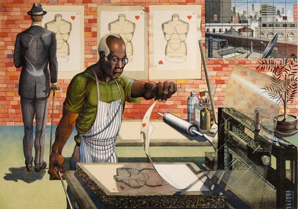 African American man in foreground pulls a print from a printing press. In the background, on the left, another man, dressed in a suit and standing with a walking stick, with his back to the viewer, looks at prints displayed on a red brick wall