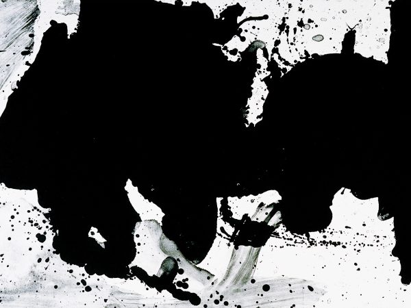 Abstract image mostly white field obscured with large swaths of black with various sizes and shapes of paint splatter, strokes and scrapes.