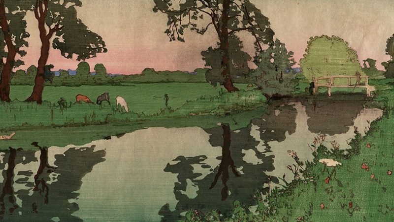 Landscape with a body of water in the foreground, greet meadow with three animals grazing and a figure of a young boy watching them. A large tree in the center is reflected in the still water. A footbridge crosses the river at the right, with a young boy fishing from the bridge.
