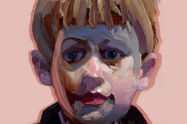 Portrait of the face of a young boy in broad brush strokes. The boy has sandy light brown hair, his eyes are shadowed,