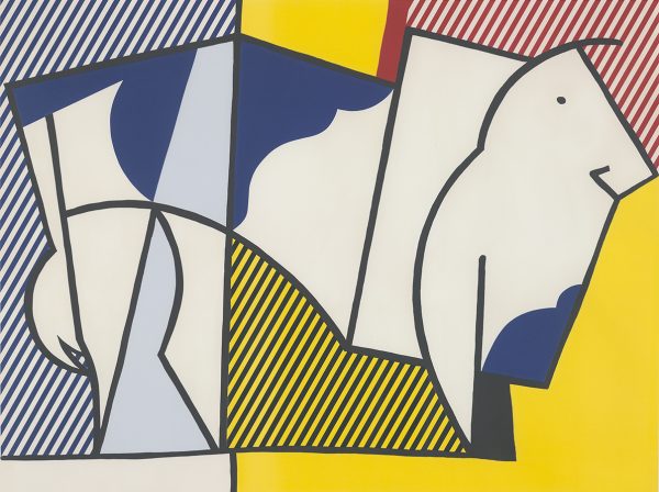 Abstract print of a bull with spots of blue on a background of geometric blocks of blue and white stripes on the left, red and white stripes on the upper right and bright yellow on the bottom right.