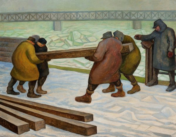 Group of men dressed in long coats moving long pieces of lumber in a snowy setting.