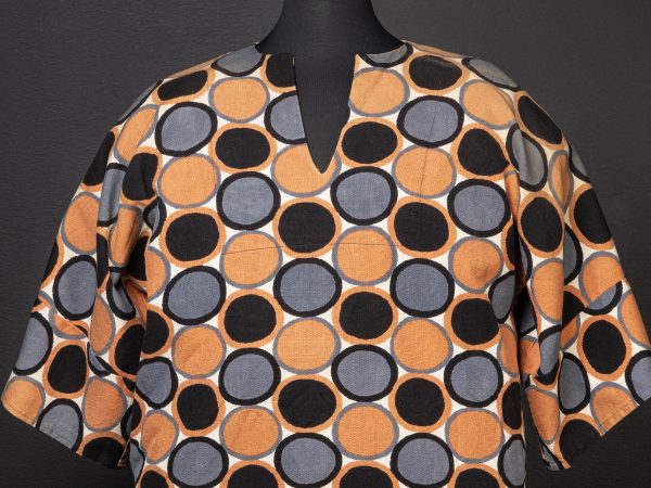 V-neck men's shirt with colorful print circles in grey, black and light orange