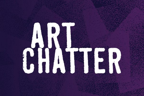 Logo for Art Chatter with words in sans-serif white font and the background in purple and black abstract shapes