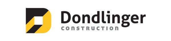 A capital D in yellow and black strips with text Donglinger Construction