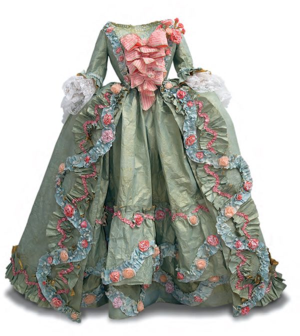 Elaborate gown in greens and pinks
