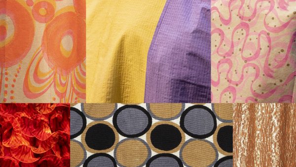 Six colorful fabrics and papers photo-stitched together reflect playful patterns of various shapes