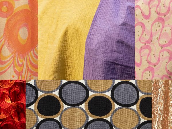 Six colorful fabrics and papers photo-stitched together reflect playful patterns of various shapes