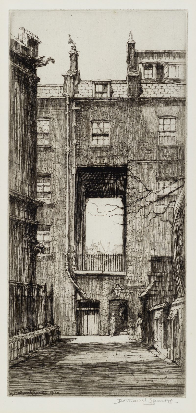 Black and white print of a shadowed city alleyway bordered by close buildings, a bare tree on the right and three figures in dresses at end of street.