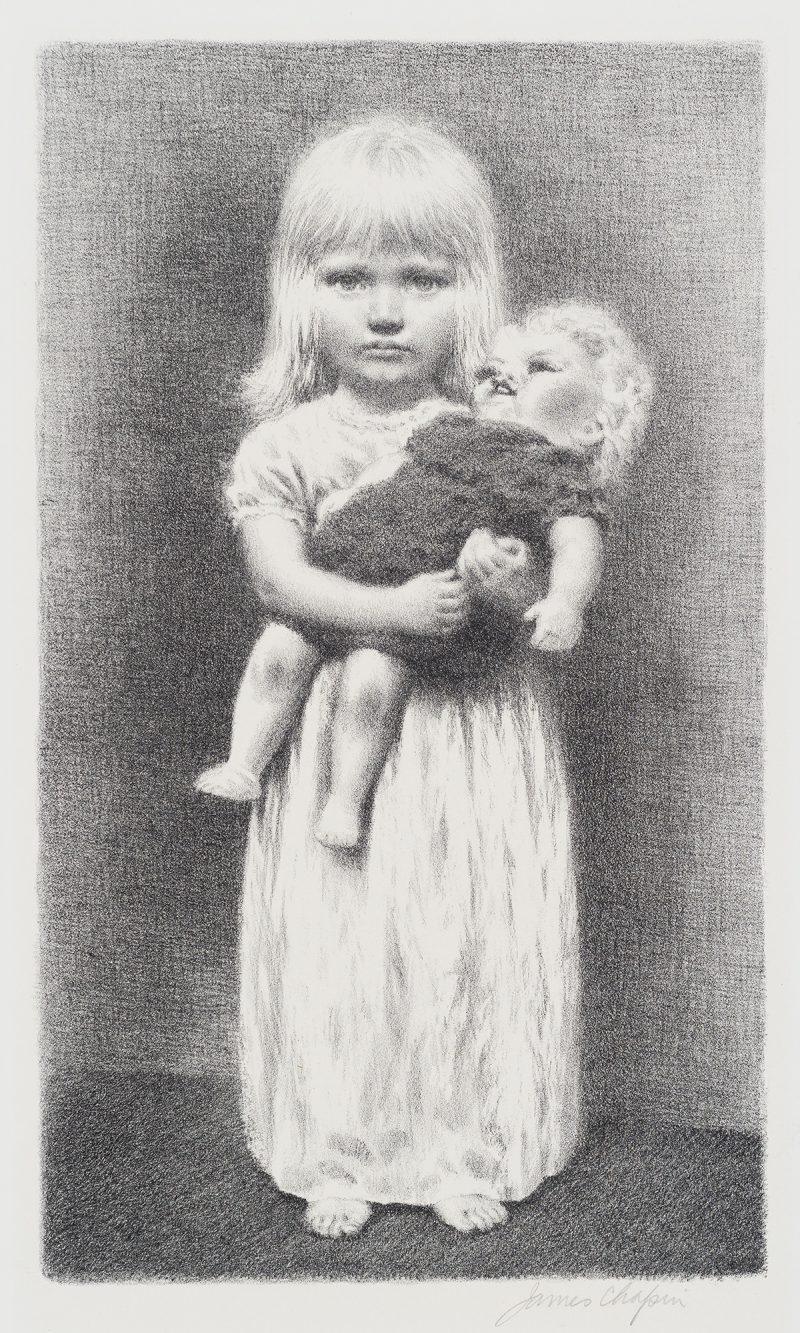 Black and white print of a light haired bare footed young girl wearing white gown, looking directly at viewer, holding a lifelike doll