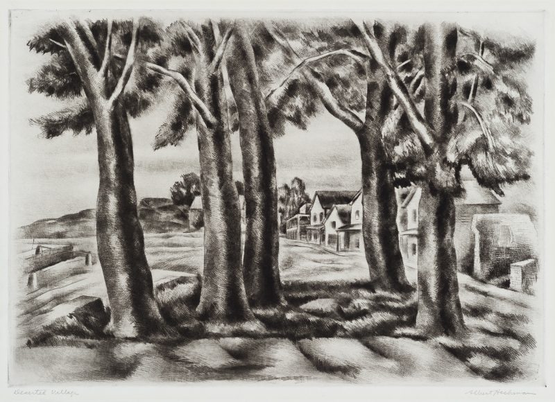 Black and white print of a grove of trees with dwellings visible on right and farm land on left.
