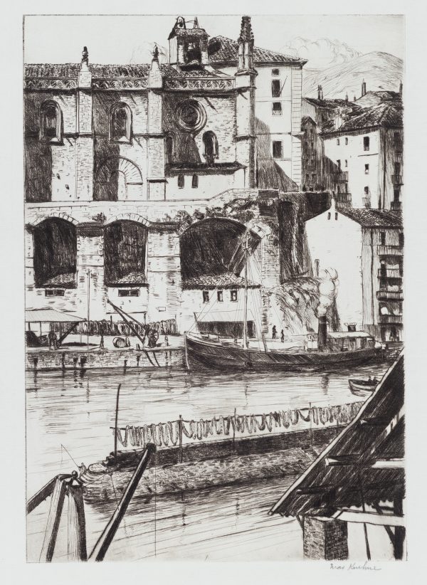 Black and white print of a harbor surrounded by buildings and boats on the water.