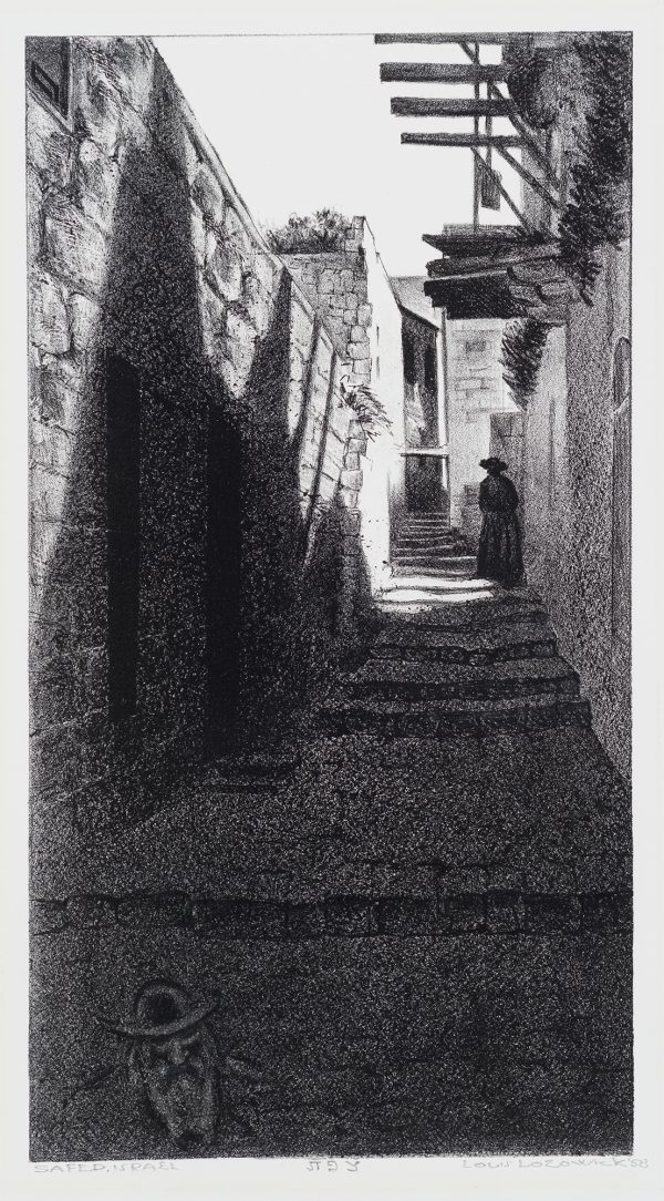 Black and white print of a shadowed stepped alleyway with a cropped figure of a man with beard and hat in lower left corner and dark back of figure wearing a hat in right middle ground.
