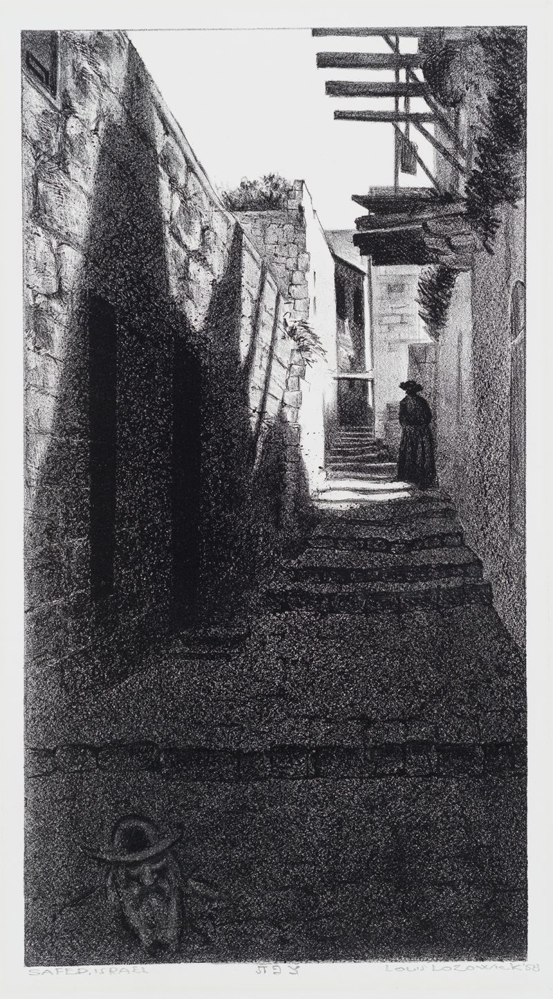 Black and white print of a shadowed stepped alleyway with a cropped figure of a man with beard and hat in lower left corner and dark back of figure wearing a hat in right middle ground.