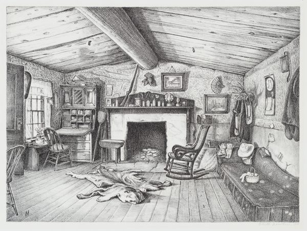 Black and white print view of interior room filled with personal belongings with wooden beamed floor and ceiling, fireplace and animal rug in center, desk and slightly open door on left and sofa on right.