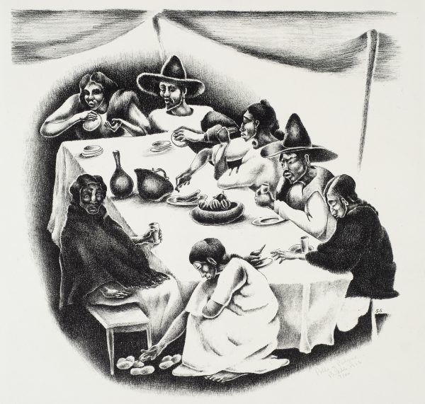 Seven figures sit at a table for a meal. The title refers to chicken and a drink of Pulque -- a beer like agave drink with predates the arrival of the Spanish by at least 1,500 years. In 1928 Biddle accompanied Diego Rivera on a sketching trip around Mexico.