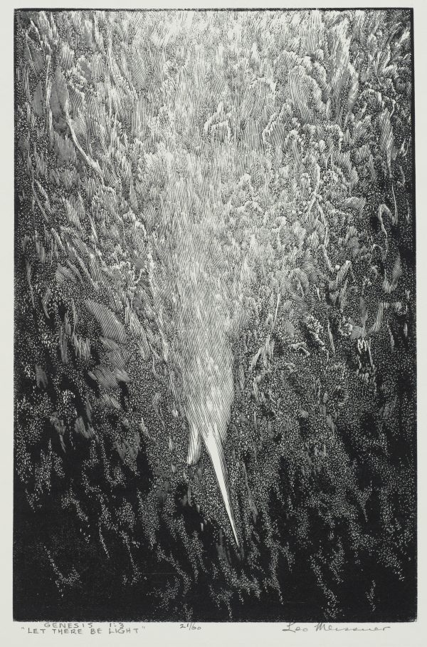 A design of shapes representing light is penetrating the darkness in the lower portion of the image. The image depicts the moment of creation as described in Genesis 1:3