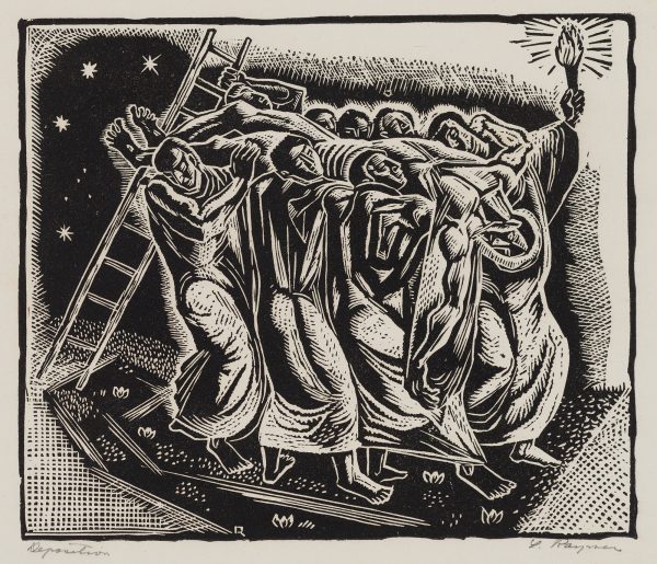 Black and white print, robed men carrying nude man with upraised torch and ladder on a starry night