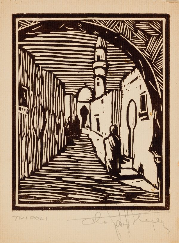 Street scene of a long narrow alley that leads up to a mosque doorway. A tall prayer tower stands off to the right in the distant skyline. A robed figure stands to the right facing the doorway.