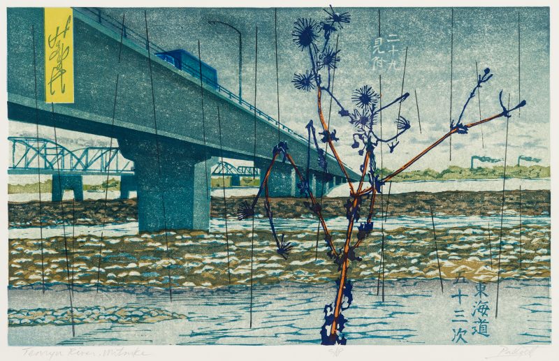 A bare tree stands at the front of the print appearing larger than the river and two bridges in the background. A covered truck is crossing over the bridge. A train bridge can be seen in the background. The river is calm.