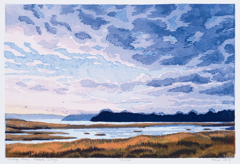 Color print of a low horizon blue purple sunrise over slough with birds in the distance.